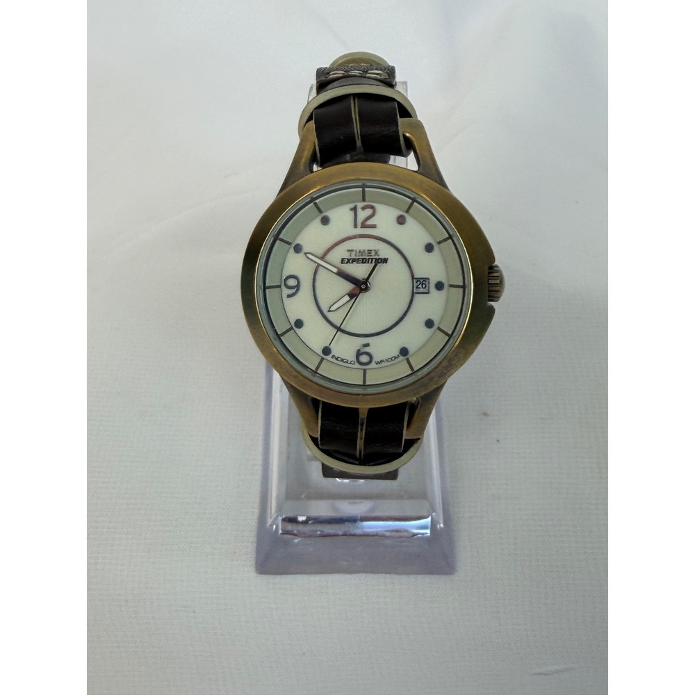 Timex Expedition Indiglo Brass Case Brown Leather Strap Watch 957 S1